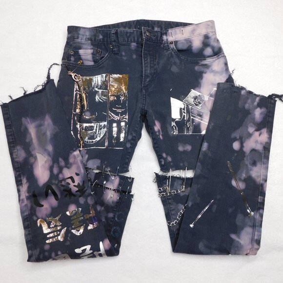 DykeMint Black Bleached Skinny Jeans w/Silver Anime AppliquesVGUC29 x 34
